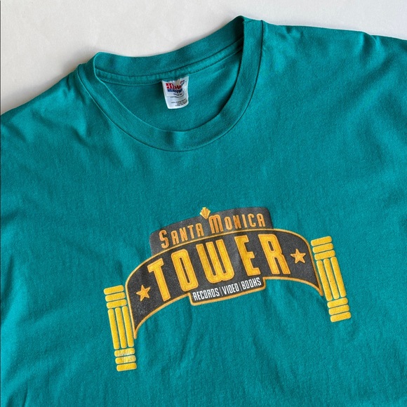 Vintage Tower Records TShirt Graphic Print Santa Monica 90’s Teal Hanes Mens‎ XL